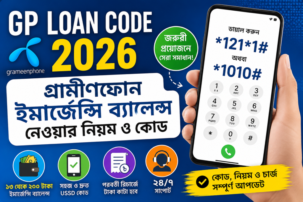 গ্রামীণফোন লোন কোড ২০২৬ | GP Emergency Balance Code 2026