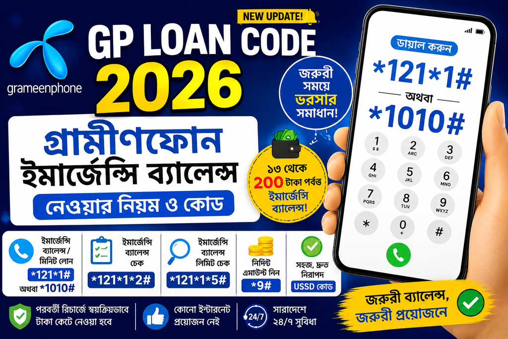 গ্রামীণফোন লোন কোড ২০২৬ | GP Emergency Balance Code 2026